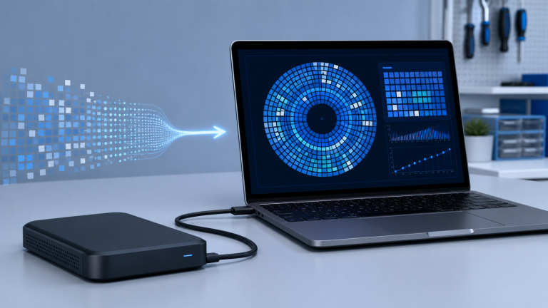 External hard drive connected to a laptop for RAW drive diagnosis and data recovery
