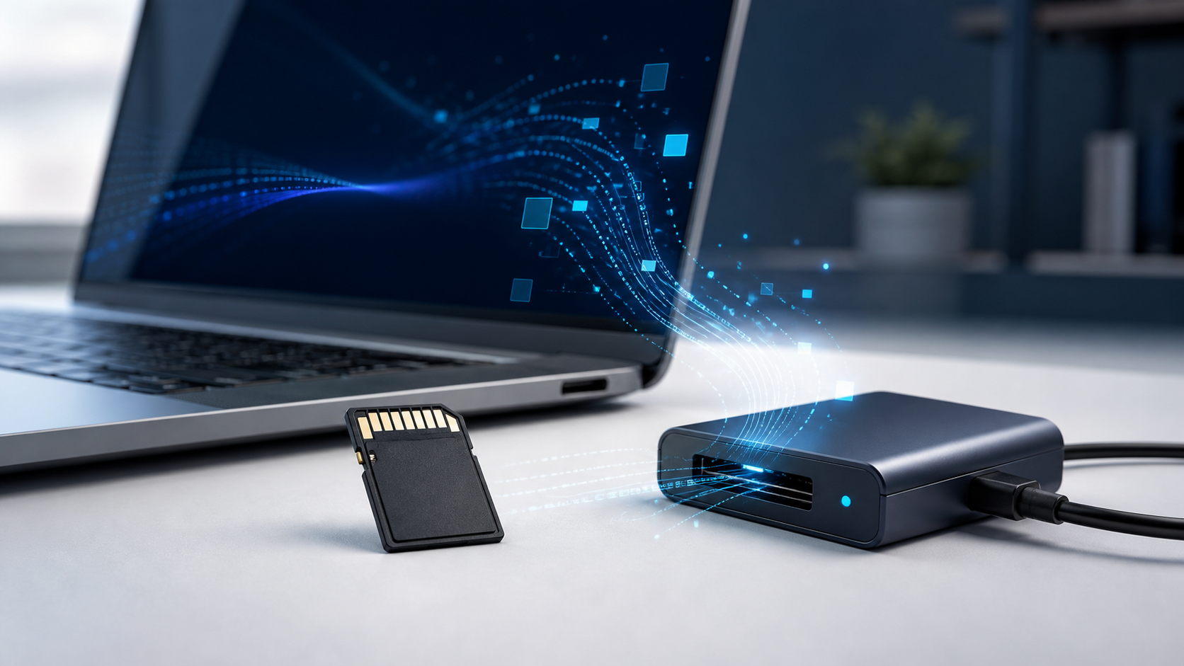 SD memory card, card reader, and laptop prepared for safe troubleshooting and recovery